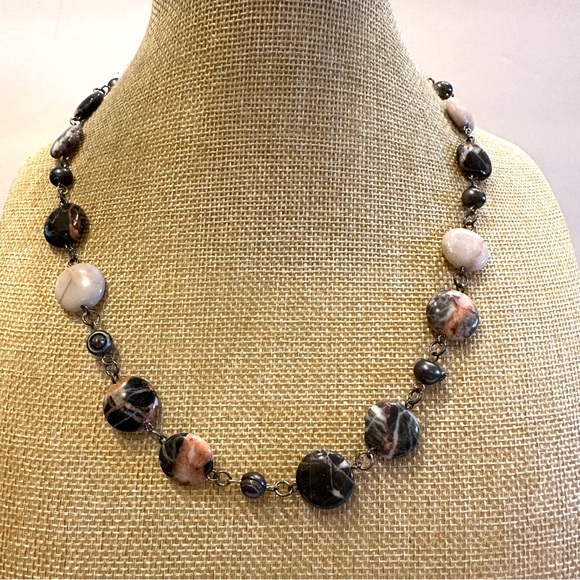 Multi Gemstone Genuine Necklace w/ black baroque pearls, Silver tone w/ toggle - Picture 1 of 11